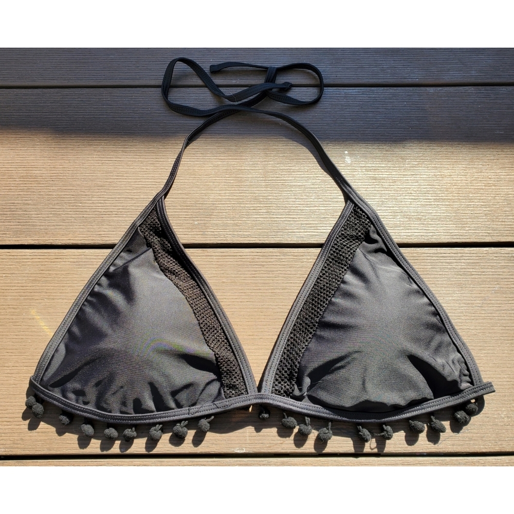 Black Bikini Top with Pom-Poms, Size Large